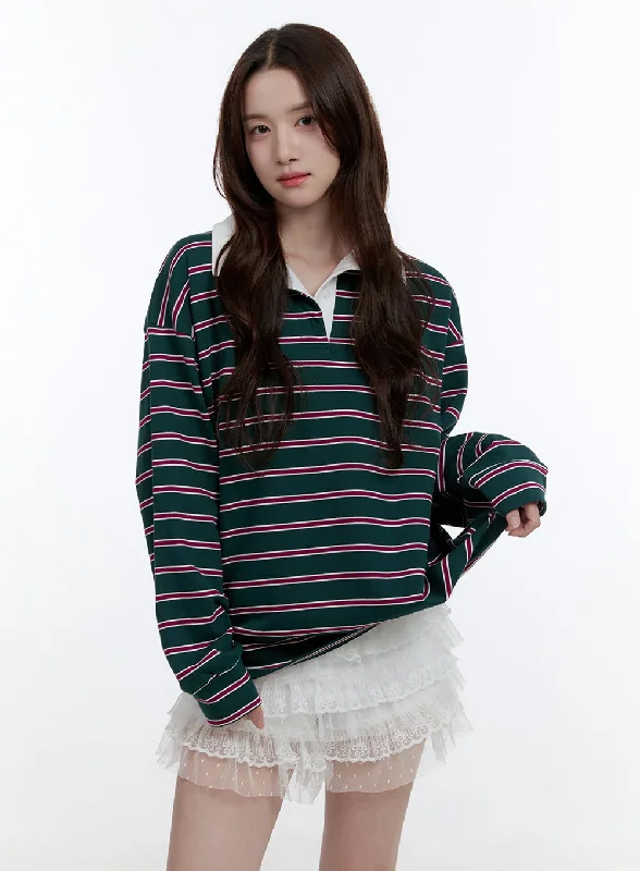 Oversize Collared Stripe Long Sleeve Tee OO407 Minimalist Women's Casual