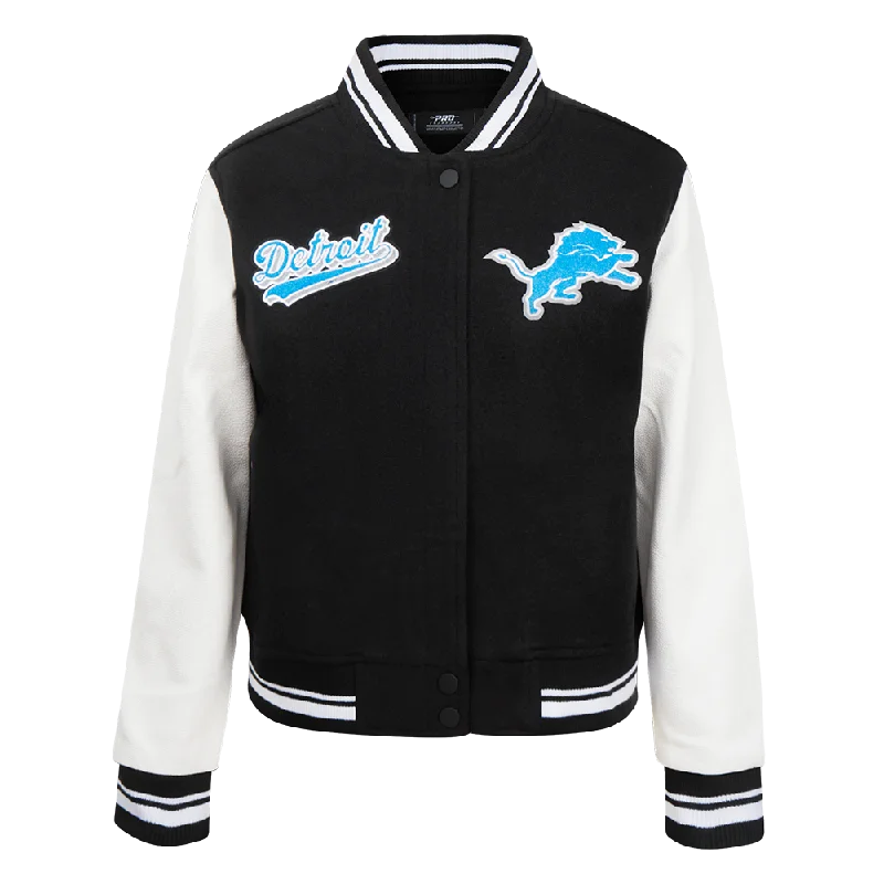 NFL DETROIT LIONS SCRIPT TAIL WOMEN'S WOOL VARSITY JACKET (BLACK/WHITE) Feminine Women's Style NFL DETROIT LIONS SCRIPT TAIL WOMEN'S WOOL VARSITY JACKET (BLACK/WHITE) Feminine Women's Style