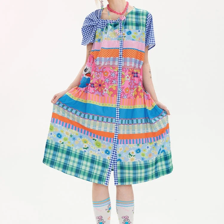 Women's Kawaii Knot Patchwork Plaid Dress Sleek Women's 