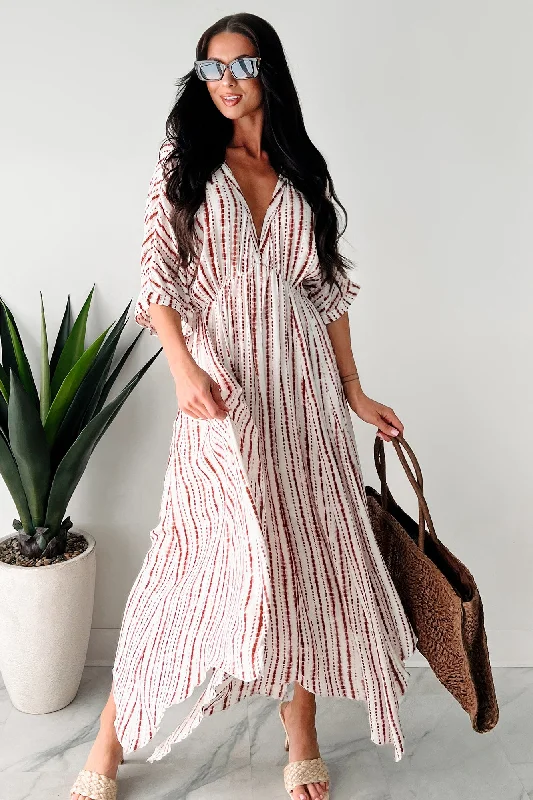Amalfi Coast Striped Deep V Midi Dress (Ivory/Brown) French