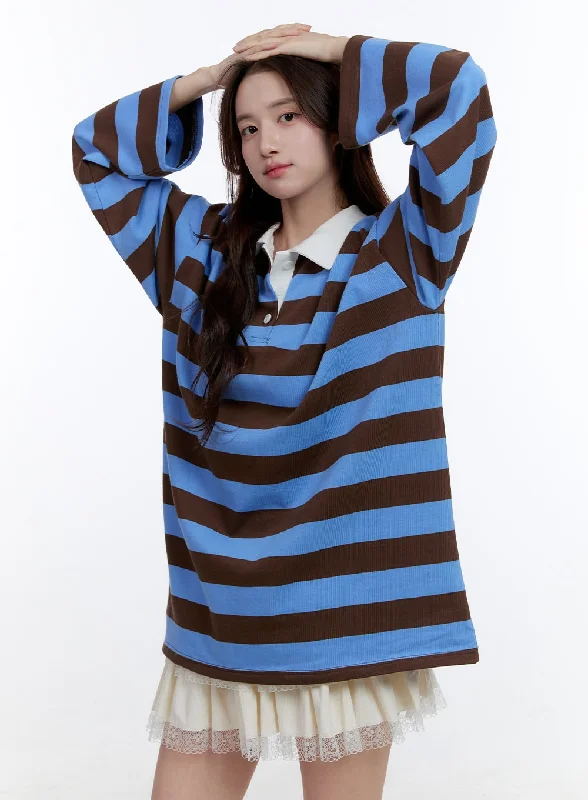 Cotton Oversize Buttoned Long Sleeve Stripe Tee OO407 Refined Women's 