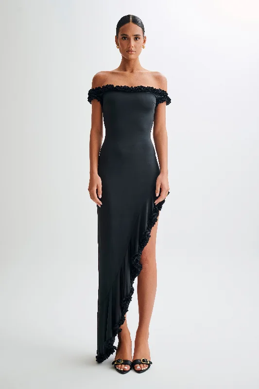 Arielle Off Shoulder Ruffle Midi Dress - Black