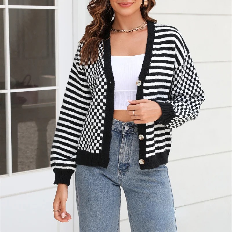 Knit Plaid Stitching Stripe Button Up Cardigan Sweater Wholesale Women'S Top