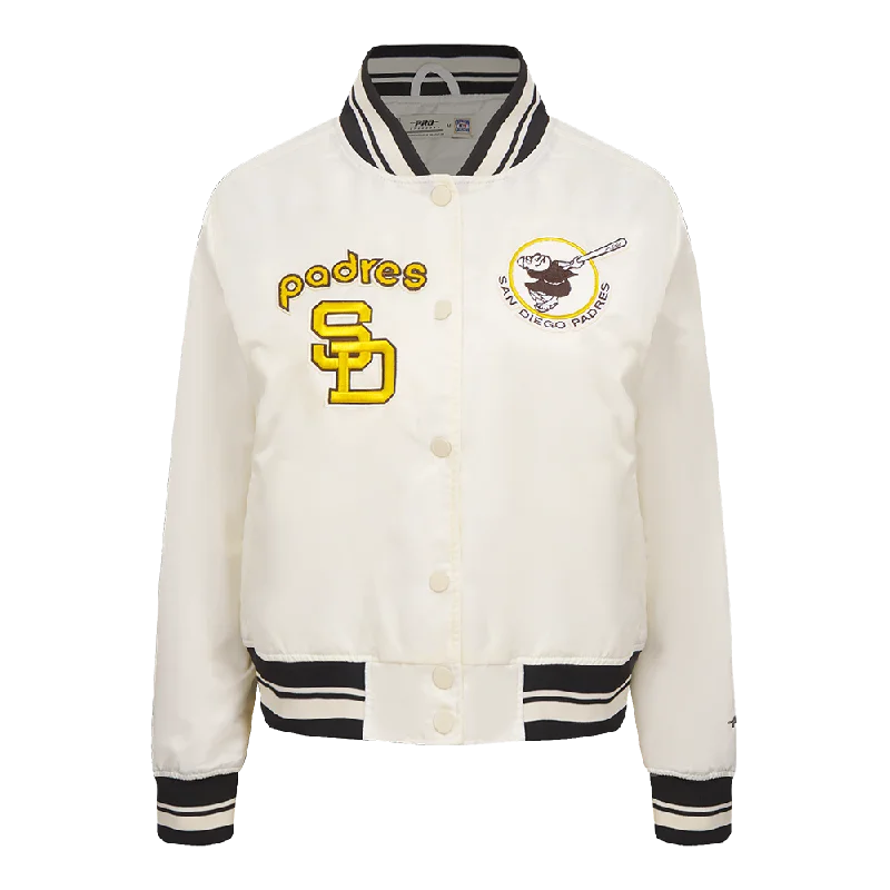 MLB SAN DIEGO PADRES RETRO CLASSIC WOMEN'S RIB SATIN JACKET (EGGSHELL/ BLACK) Classic Women's Pin - striped MLB SAN DIEGO PADRES RETRO CLASSIC WOMEN'S RIB SATIN JACKET (EGGSHELL/ BLACK) Classic Women's Pin - striped
