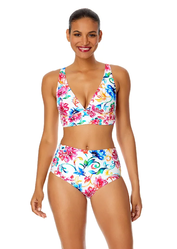 Women's Watercolor Paisley Soft Band Shirred Bralette Bikini Top Sleek Women's Metallic
