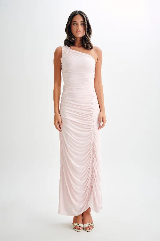 Capri Gathered Slinky Maxi Dress - Powder Pink Polished Women's Silk