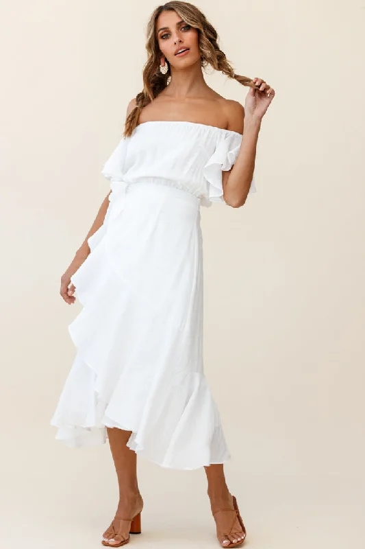 Bettina Bardot Neckline Faux-Wrap Midi Dress White Sporty Women's Athleisure 
