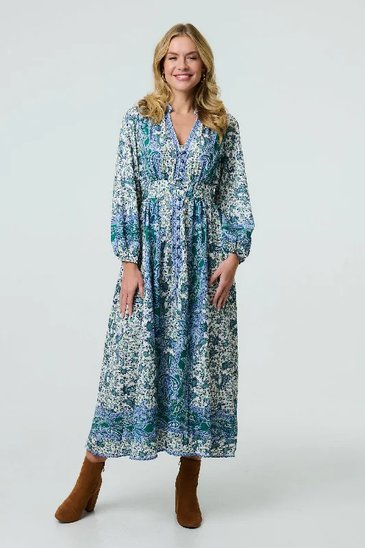 Paisley Long Puff Sleeve Empire Maxi Dress