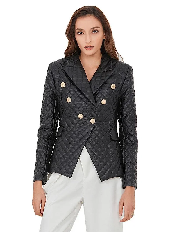 Black Plaid Pattern Pu Leather Jacket Blazer Refined Women's Classic 