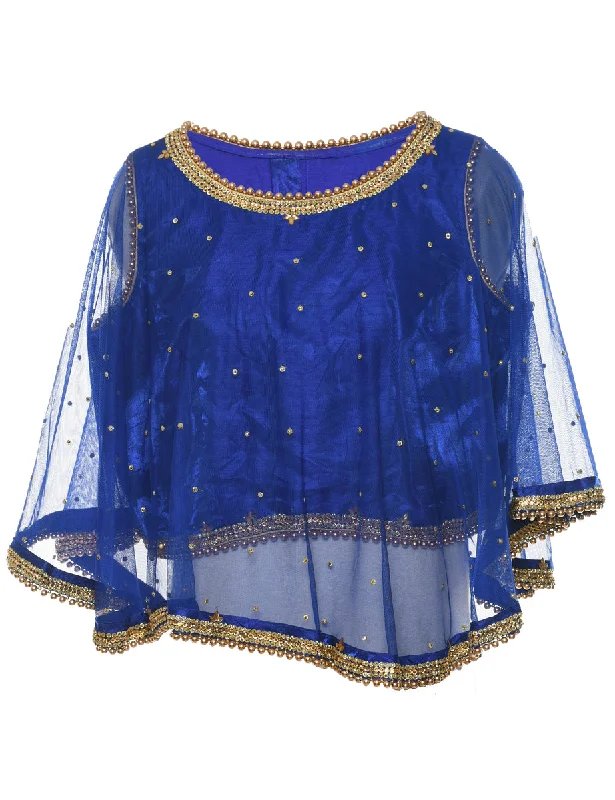 Blue & Gold Sparkly Sheer Evening Top - L Compression