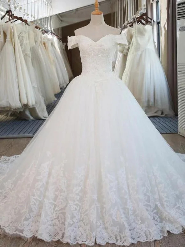 Elegant V-Neck Ball Gown Wedding Dresses Appliques Beaded Court Train