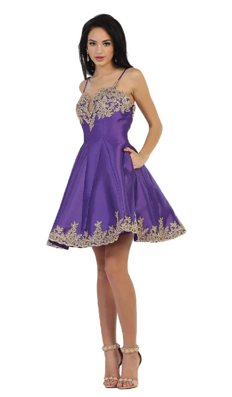May Queen - MQ1445 Gilded Lace Applique Mikado Cocktail Dress Minimalist Women's Casual