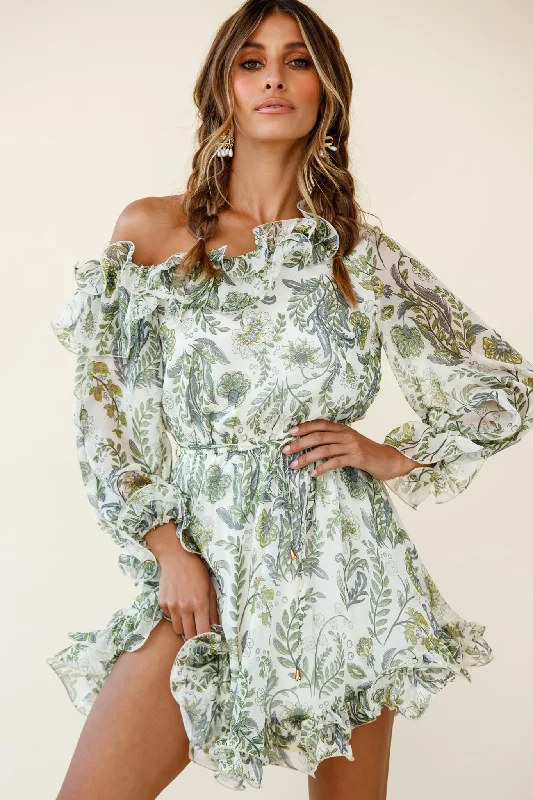 Rhiannon Off-Shoulder Lettuce Frill Dress Floral Print White Polished Women's Silk