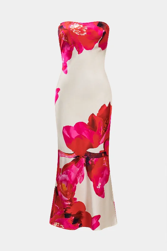 Floral Print Satin Strapless Midi Dress Elegant Women's Formal 