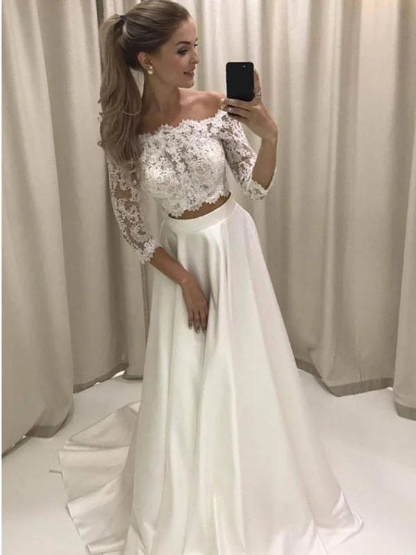 Popular Bateau 3/4 Sleeve Lace Boho Wedding Dresses