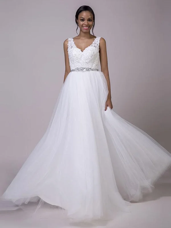 Fancy V-Neck Lace Up Sleeveless A Line Wedding Dresses