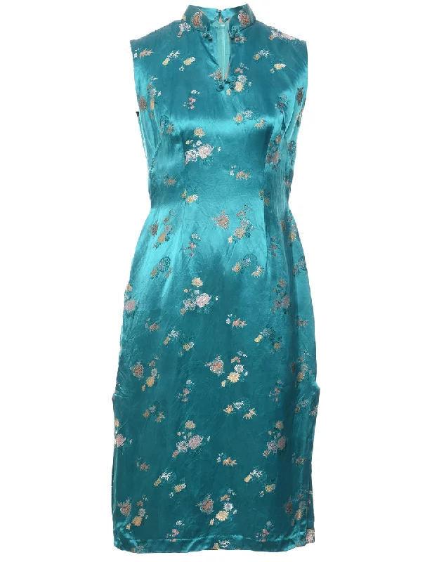 Brocade Turquoise Silky Evening Dress - M Modern Women's 