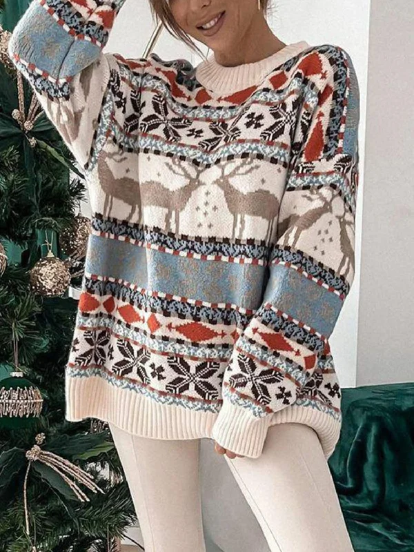 Geometric Round Neck Dropped Shoulder Sweater | Christmas Sweater | Winter Fashion