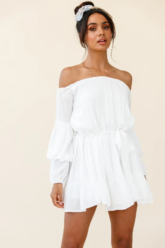 Frida Off-Shoulder Waist Tie Dress White Cozy Women's Sherpa - lined