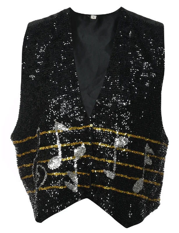Black, Silver & Gold Sequined Waistcoat - M Practical Women's Quick - dry