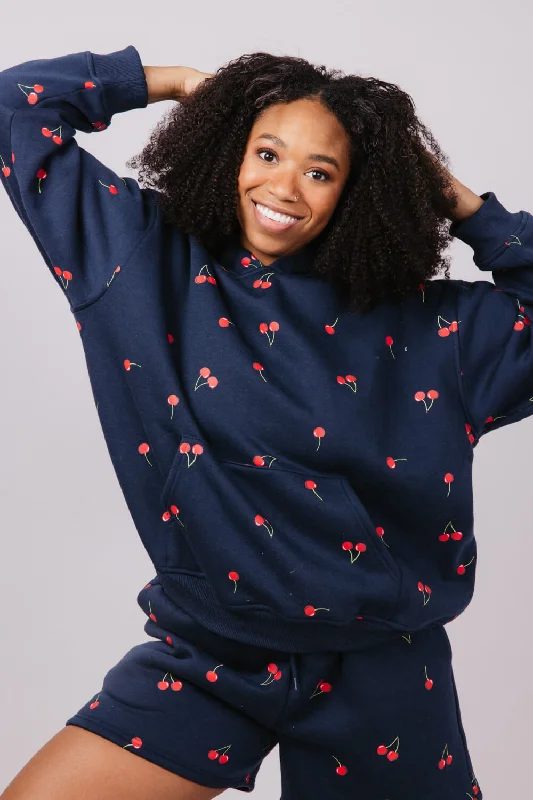 Cherry Screen Printed Hoodie for Women in Navy | PST1391-NAVY Cozy Women's Sherpa - lined Cherry Screen Printed Hoodie for Women in Navy | PST1391-NAVY Cozy Women's Sherpa - lined