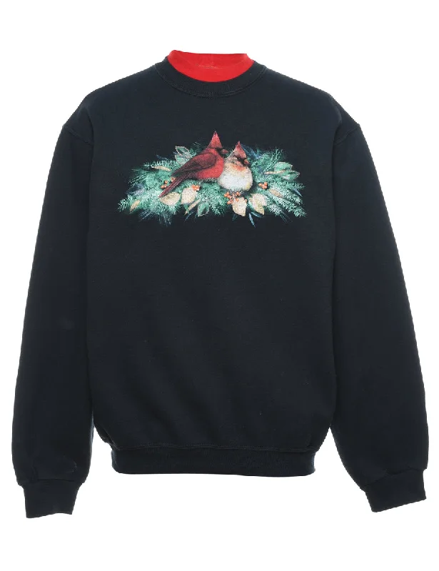 Black, Red & Green Christmas Design Sweatshirt - M Artistic Women's Hand - painted