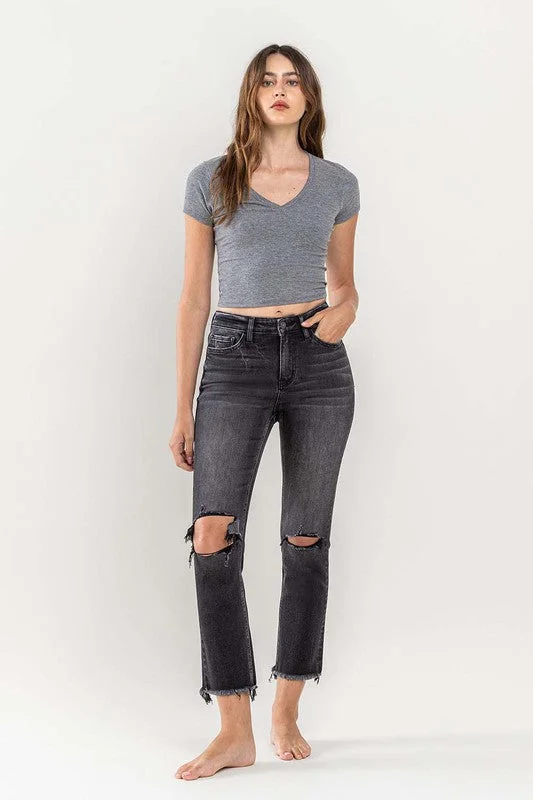 High Rise Stretch Distressed Crop Slim Straight Jeans in Faded Black Country