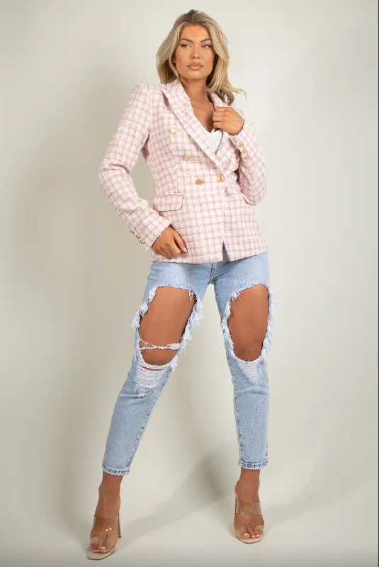 Willa - Premium Dogtooth Pink Tweed Tailored Blazer Street