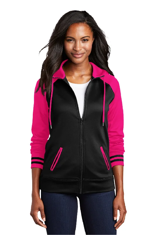 Sport-Tek Womens Sport-Wick Moisture Wicking Fleece Hooded Sweatshirt Hoodie w/ Pockets - Black/Neon Pink Laid - back Women's Style