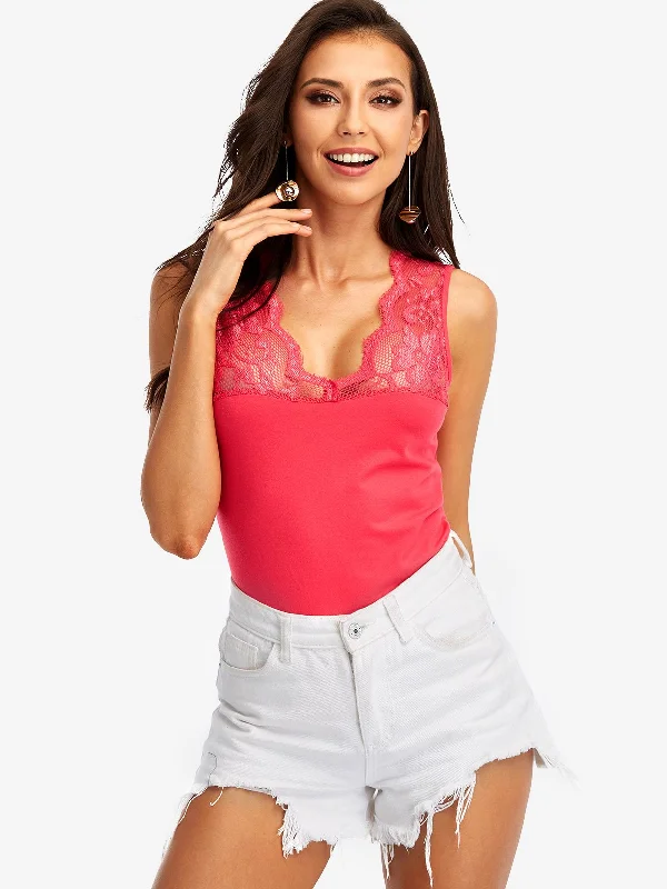 Custom Deep V-Neck Lace Sleeveless Bodycon Hem Camis Classic Women's Tweed