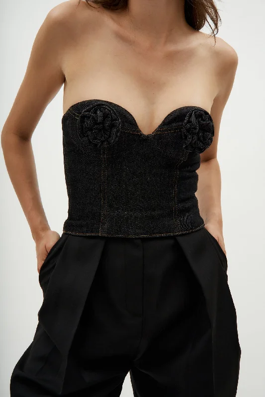 Flower Bustier Denim Corset Black Top Hip Women's Urban