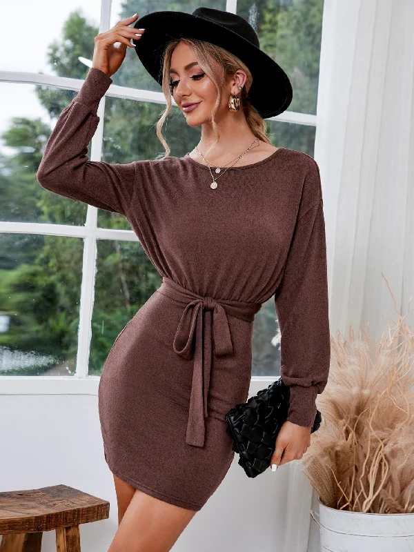 Plain Belted Long Sleeve Round Neck Pencil Natural Short Dress