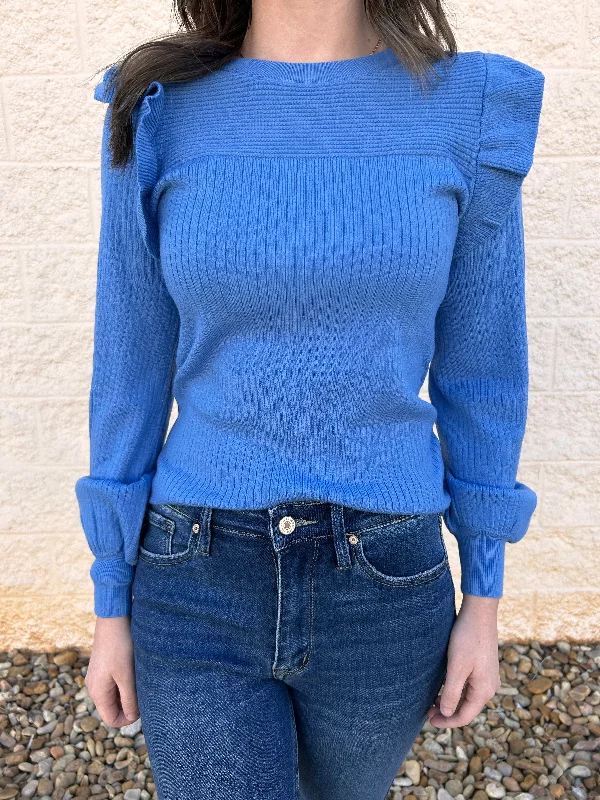 Cobalt Blue Shoulder Ruffle Crewneck Sweater Stylish Women's Tropical 