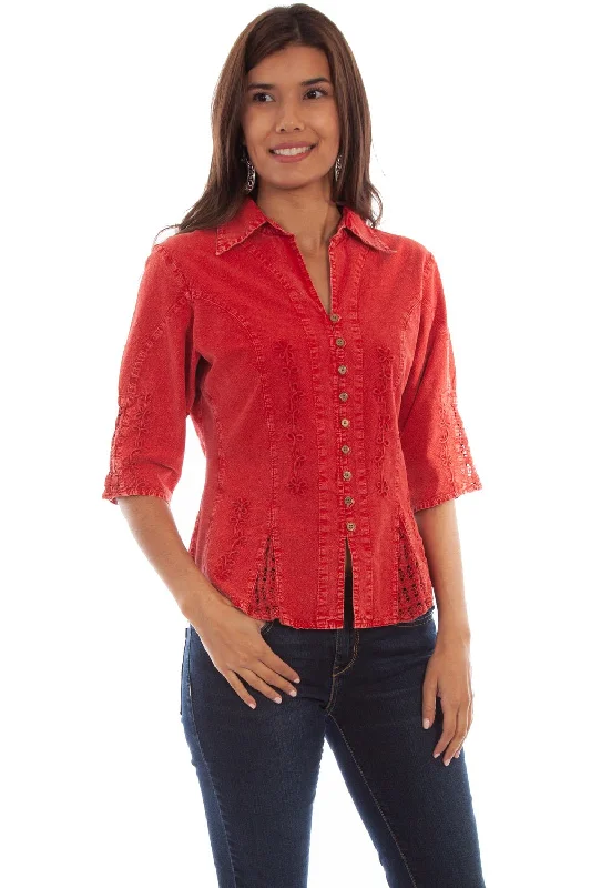 Scully Womens Brick 100% Cotton Floral Vine S/S Blouse Modern Women's 