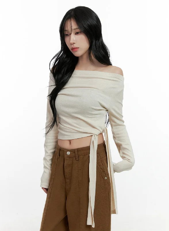 Strap Solid Long Sleeve Crop Top CN408