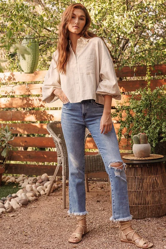 Knee Slit Fray Hem Crop Straight Jeans Monochromatic All - in - one