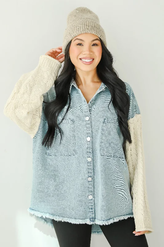 Bundled Perfection Denim Cable Knit Sleeve Shacket Cozy Women's Winter