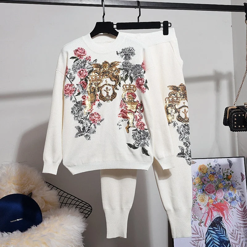 Floral Sequin Embroidery Sweater & Pants Set Confident Women's High - fashion