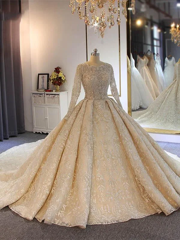 luxury Full Lace Beading Long Sleeves Ball Gown Wedding Dresses