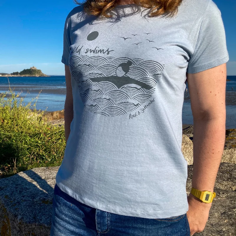Haze blue | organic cotton hand screen printed wild swimming women's t-shirt Relaxed Women's Beachy