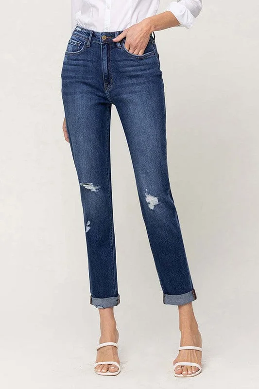 Distressed Double Cuffed Stretch Mom Jeans Hip Women's Retro