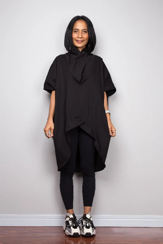 Black pullover tunic dress with cowl neck Casual Women's Loose - fitting