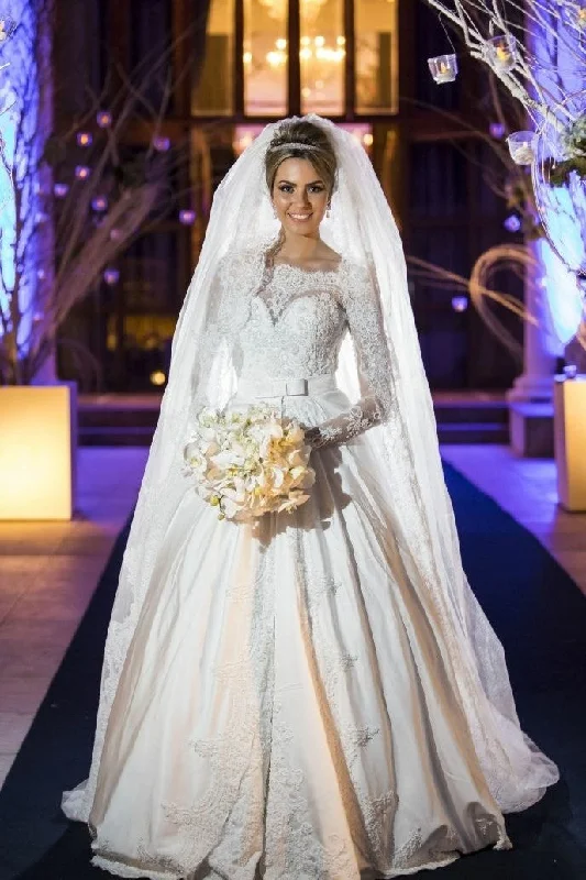 Beaded Lace Long Sleeves Wedding Dress with Satin Skirt Traditional Women's 