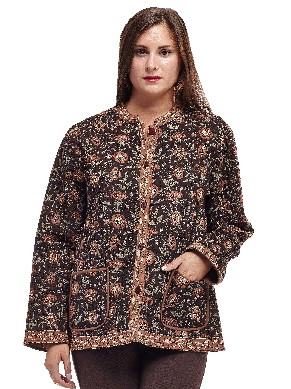 La Cera Quilted Brown Mandarin Jacket Laid - back Women's Style