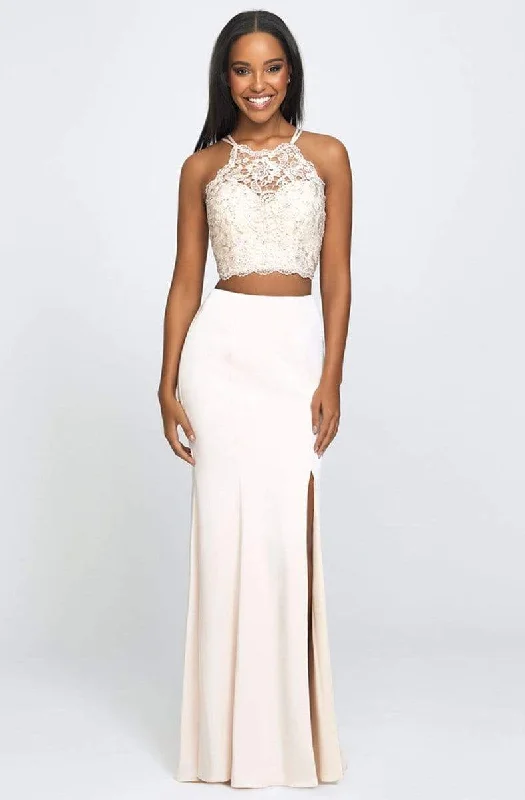 Madison James - Two-Piece Beaded Illusion Halter Gown with Slit 19-201 - 1 pc Champagne In Size 02 Available Women