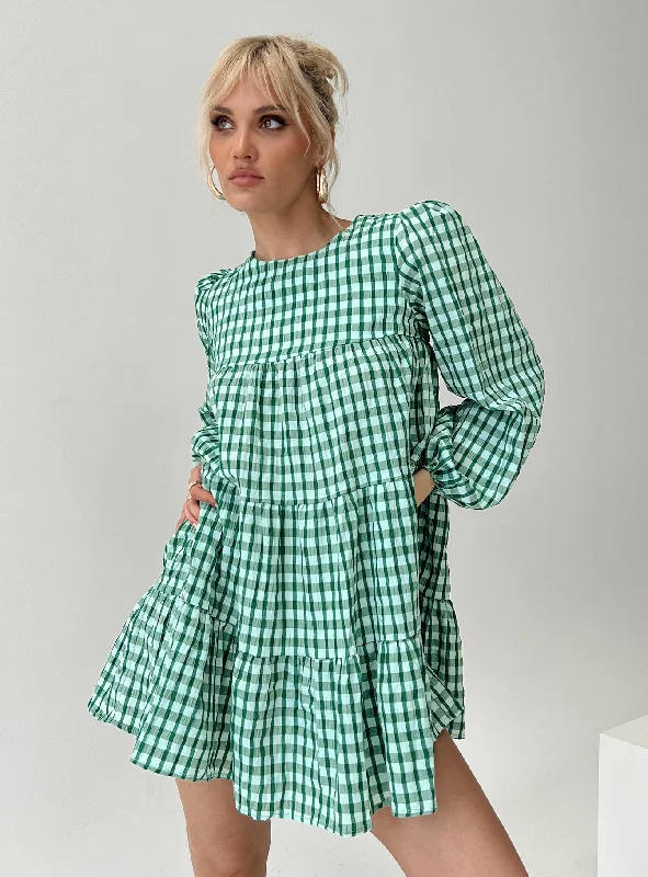 Miami Long Sleeve Mini Dress Green Check