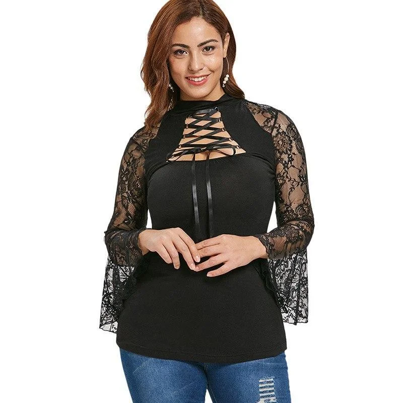 ANALUKE Lace Insert Cut Out Long Sleeve T-Shirt