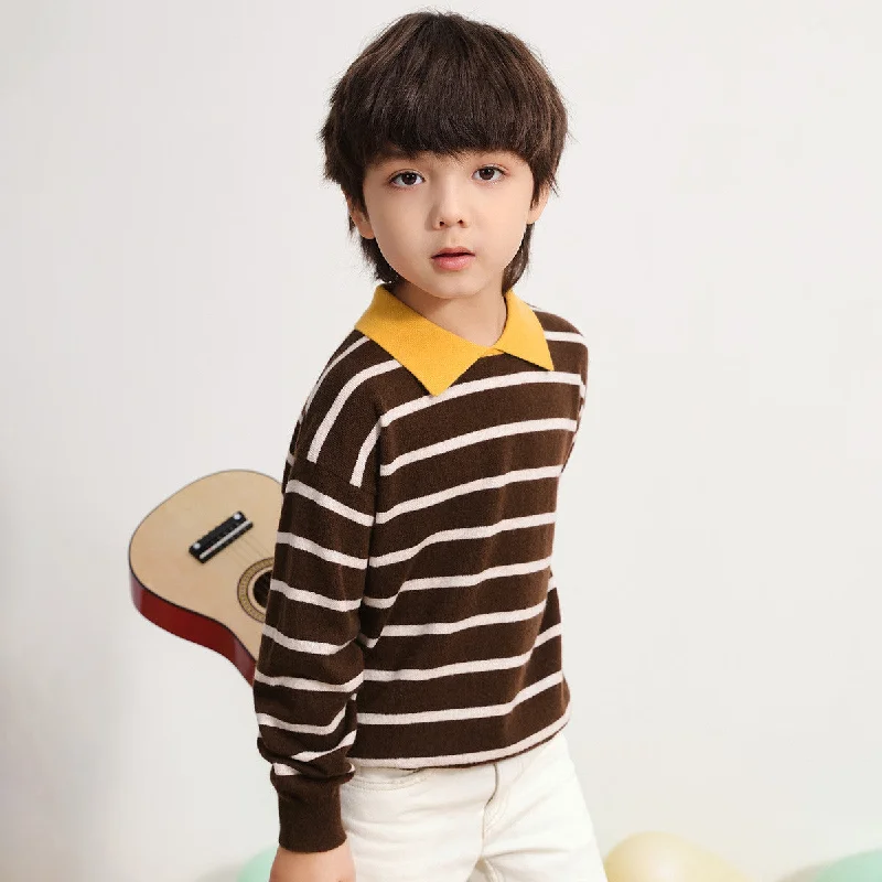 100% Wool Kids Striped Collar Sweater Sporty Women's Athleisure 