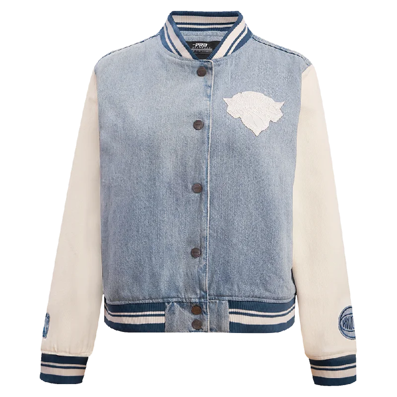 NBA NEW YORK KNICKS VARSITY BLUES WOMEN'S DENIM VARSITY JACKET (DENIM/LINEN) Modern Women's Tech NBA NEW YORK KNICKS VARSITY BLUES WOMEN'S DENIM VARSITY JACKET (DENIM/LINEN) Modern Women's Tech