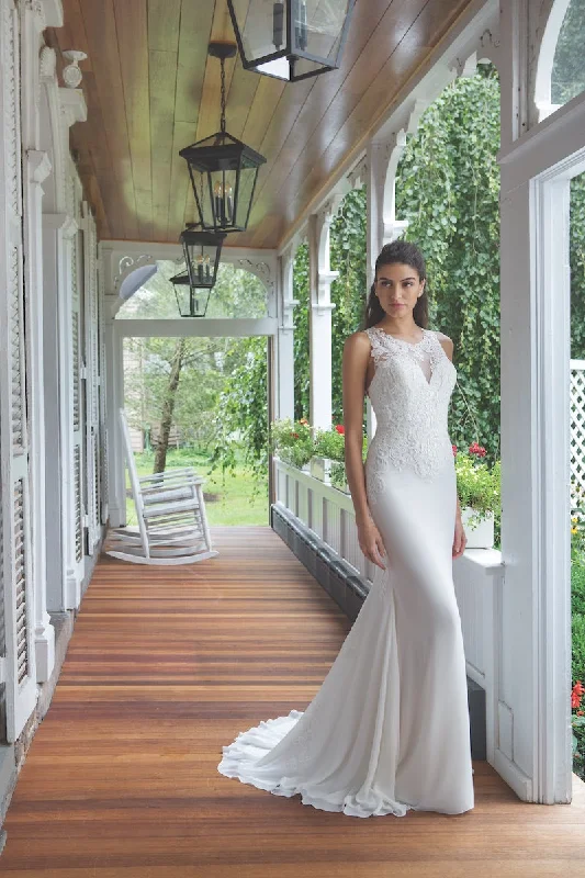 High Neckline Stretch Lace Wedding Dress - #11055 Refined Women's Classic 
